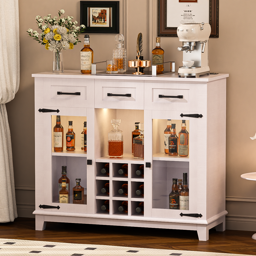 Leoglint 42" Modern Farmhouse Sideboard Buffet Coffee Bar Cabinet Storage Cabinet with LED Charging Station, Wine & Glass Rack,3 Drawers, for Kitchen, Dining Room, Living Room Antique White