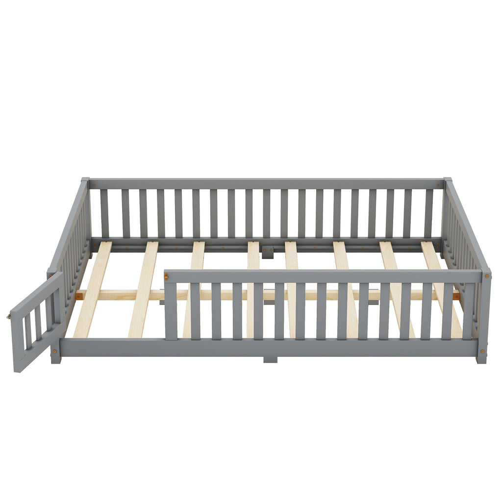 Leoglint Full Size Bed Floor Bed Frame with Safety Guardrails and Door for Kids, Gray(Old SKU: W158090691)