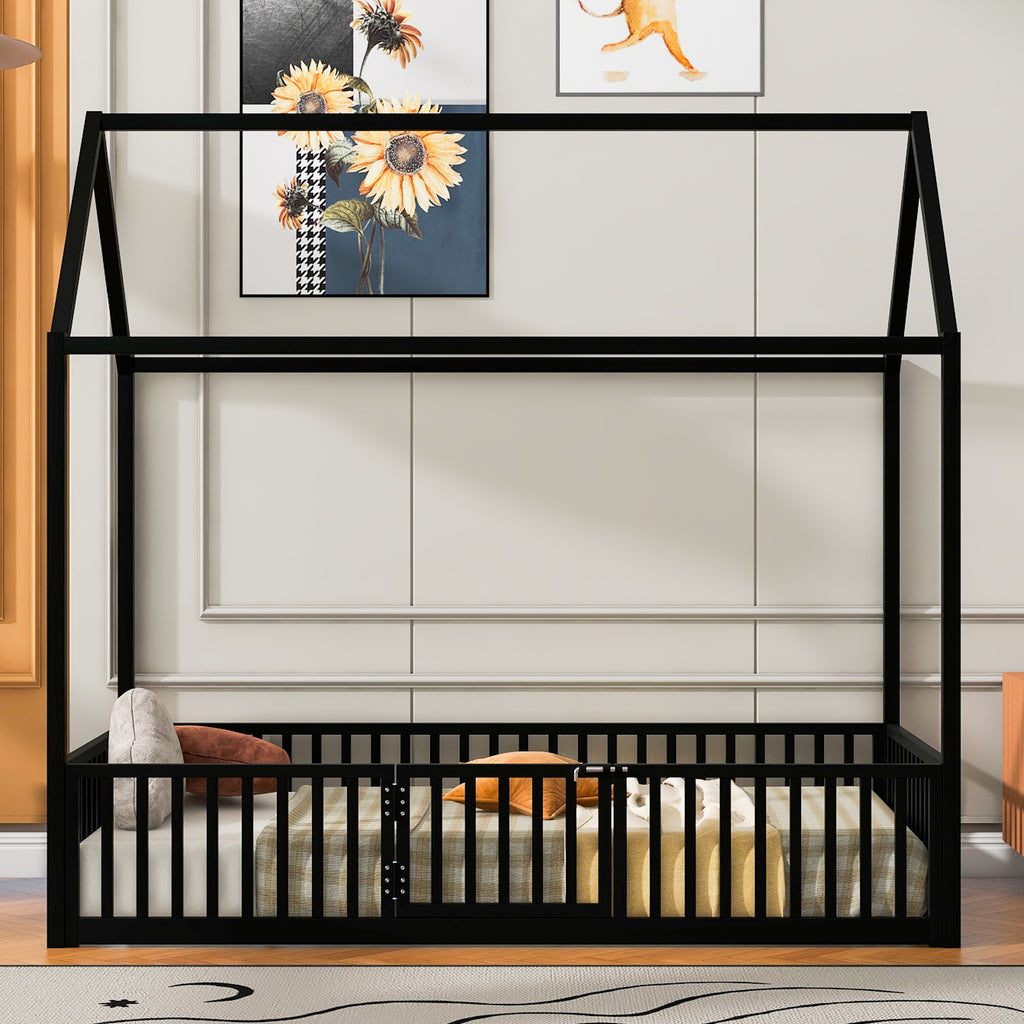 Leoglint Twin Size Metal House Bed Frame with Fence and Door, Black