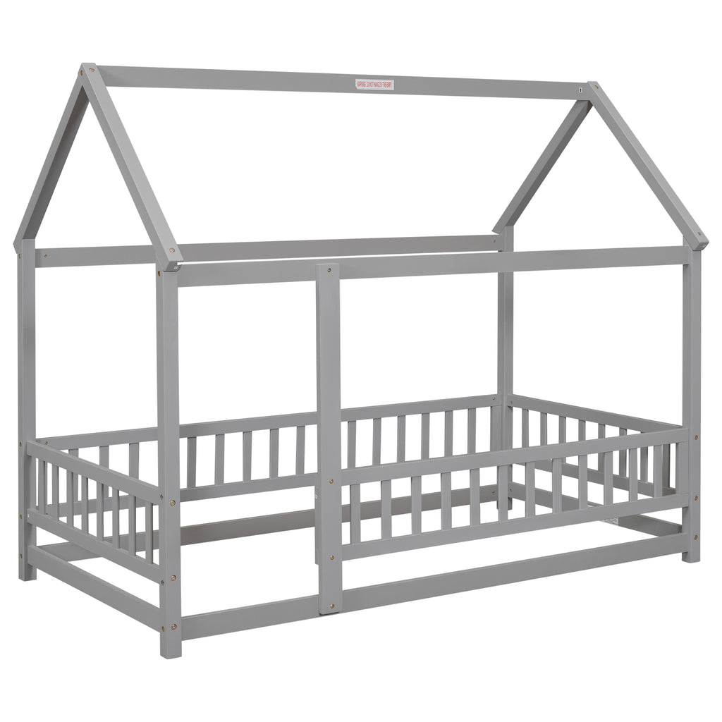 Leoglint Twin Size Floor Wooden Bed Frame with House Roof Frame, Fence Guardrails,Grey(Old SKU:W1791106614)