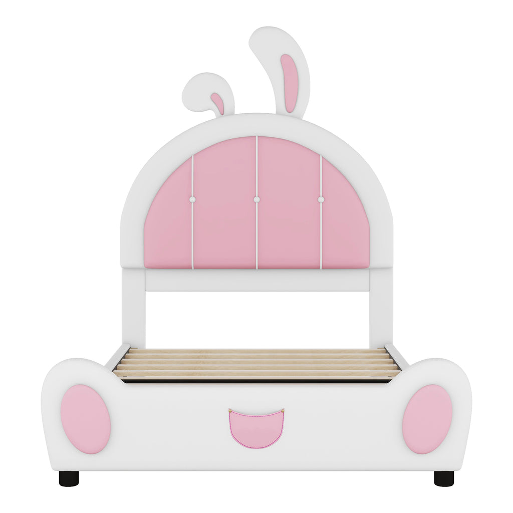 Leoglint Twin Size Upholstered Platform Bed Frame with Rabbit Shaped Headboard, White