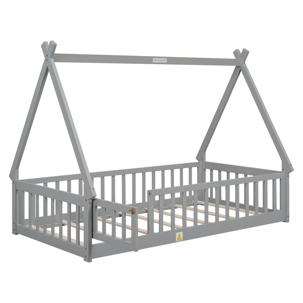 Leoglint Twin Tent-shaped Floor Bed Frame, with Guardrails, Slats, Door ,Grey