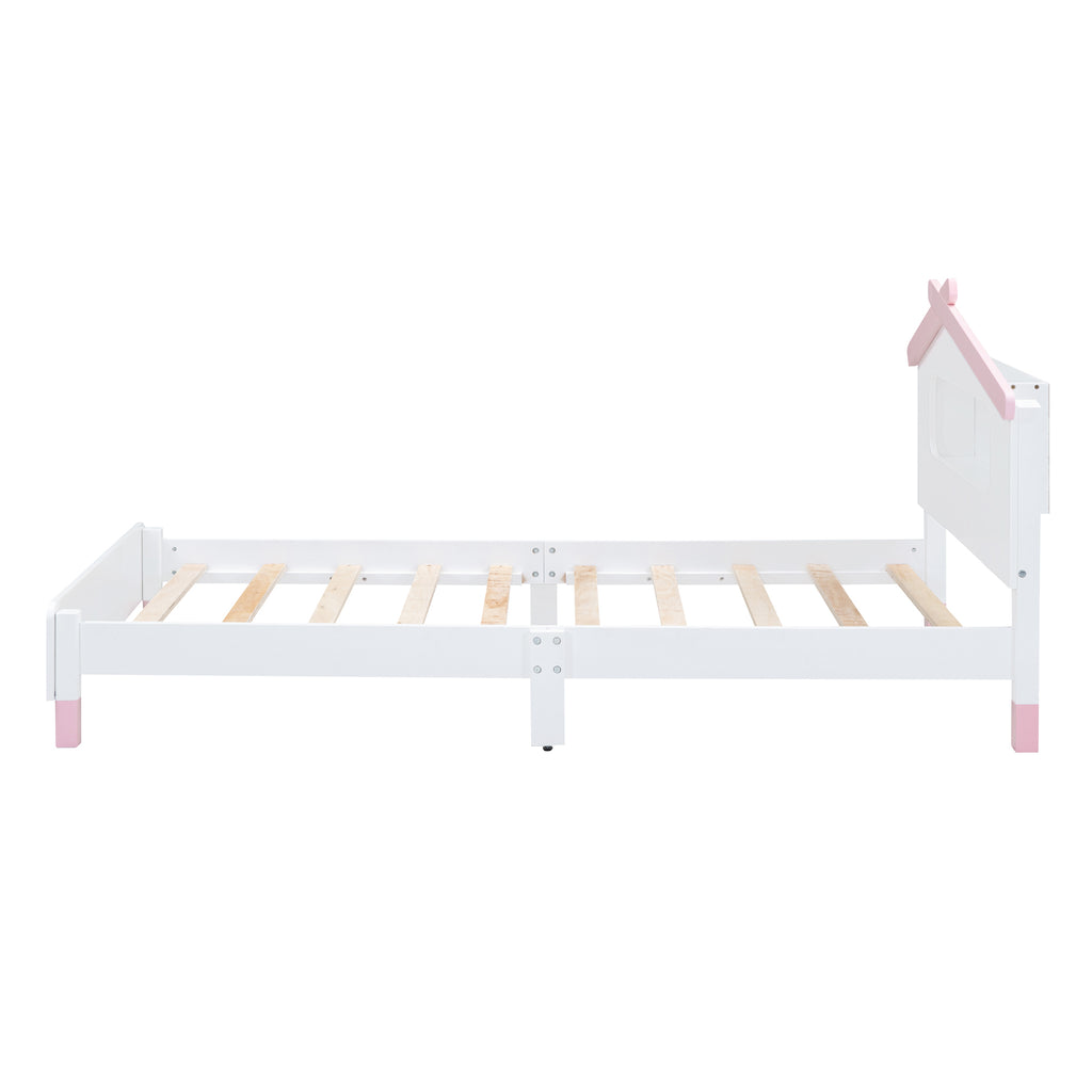 Leoglint Twin Size Wood Platform Bed Frame with House-shaped Headboard and Motion Activated Night Lights (White+Pink)