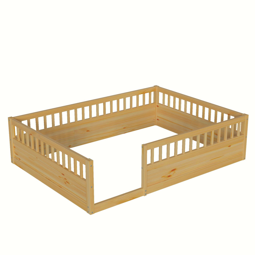 Leoglint Full Floor Bed Frame with Fence, Wood Kids Floor Beds Frame for Bedroom Playroom,Natural(Expect arrive date Jul. 10th)