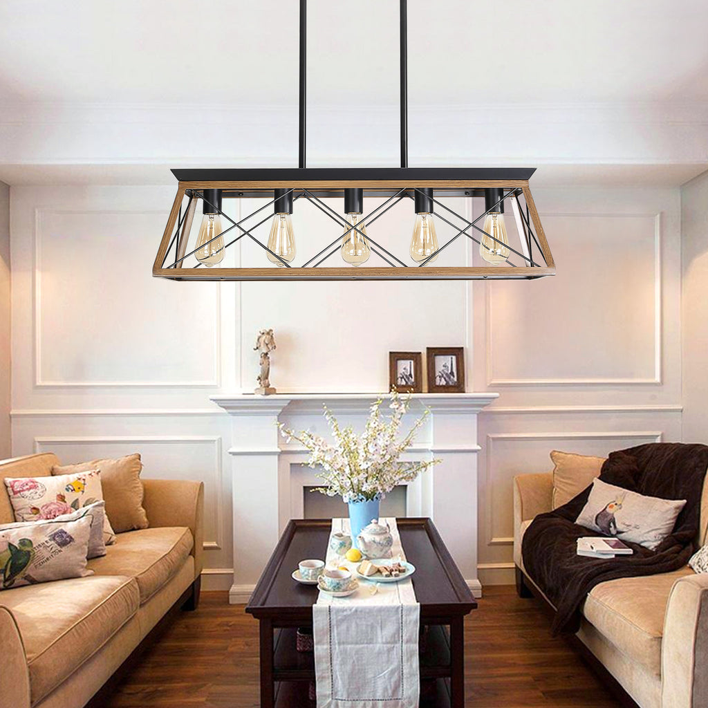 Leoglint Pendant Farmhouse Chandeliers With 5 Bulbs For Dining Room Walnut