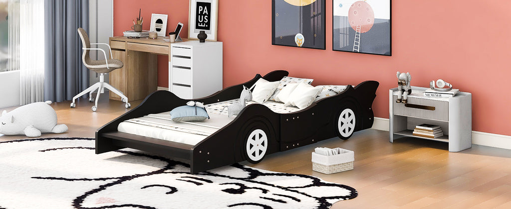 Leoglint Twin Size Race Car-Shaped Platform Bed Frame with Wheels,Black