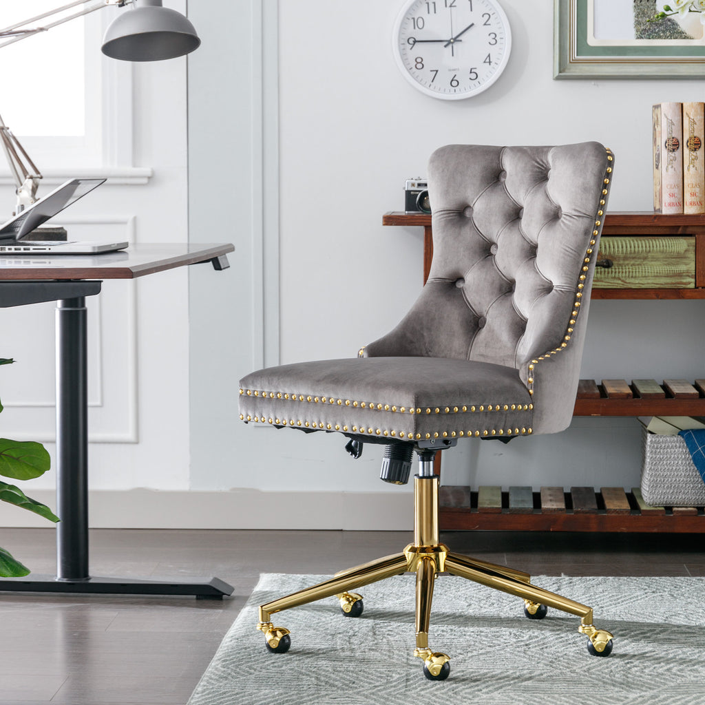 Leoglint A&A Furniture Office Chair,Velvet Upholstered Tufted Button Home Office Chair with Golden Metal Base,Adjustable Desk Chair Swivel Office Chair (Gray)