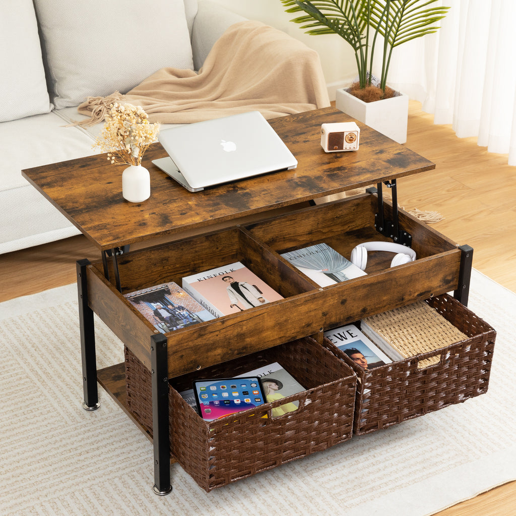 Leoglint Metal coffee table,desk,with a lifting table,and hidden storage space.There were two removable wicker baskets that could be placed in any space such as the living room,color:brown with fire wood grain