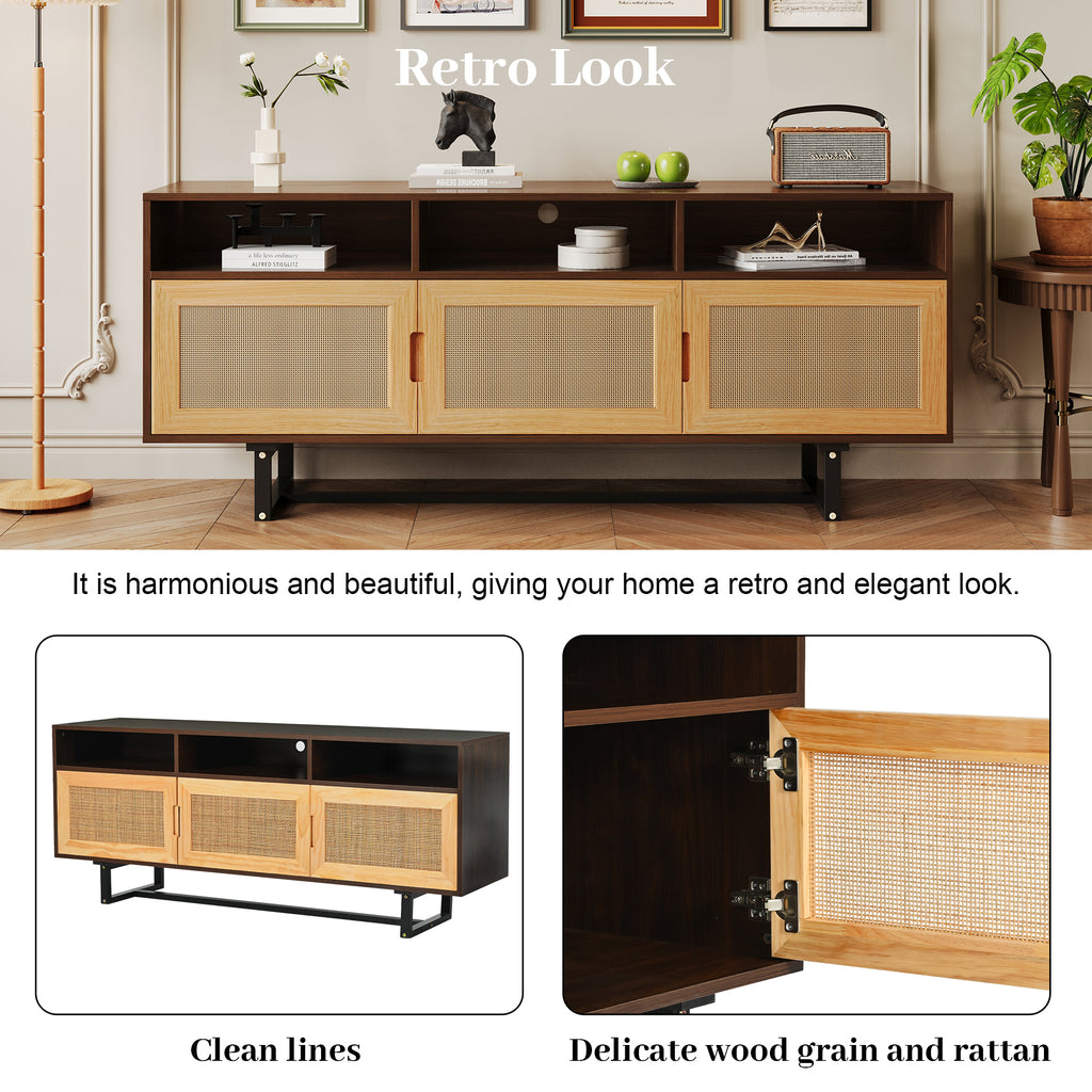 Leoglint TREXM Retro Rattan TV Stand 3-door Media Console with Open Shelves for TV Stand under 75''(Walnut)