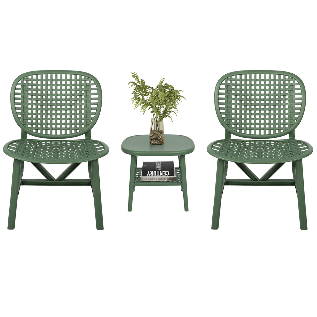 Leoglint 3 Pieces Hollow Design Retro Patio Table Outdoor Chair Set All Weather Conversation Bistro Set Outdoor Table with Open Shelf and Lounge Chairs with Widened Seat for Balcony Garden Yard  Green