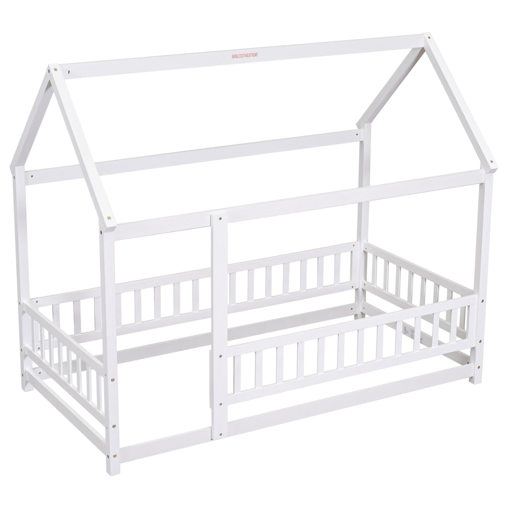 Leoglint Twin Size Floor Wooden Bed Frame with House Roof Frame, Fence Guardrails,White(Old SKU:W1791106615)