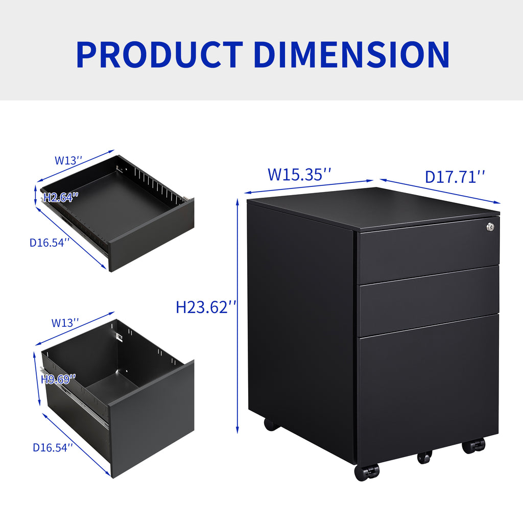 Leoglint 3 Drawer Mobile File Cabinet with Lock Steel File Cabinet for Legal/Letter/A4/F4 Size, Fully Assembled except for Wheels, Home/ Office Design