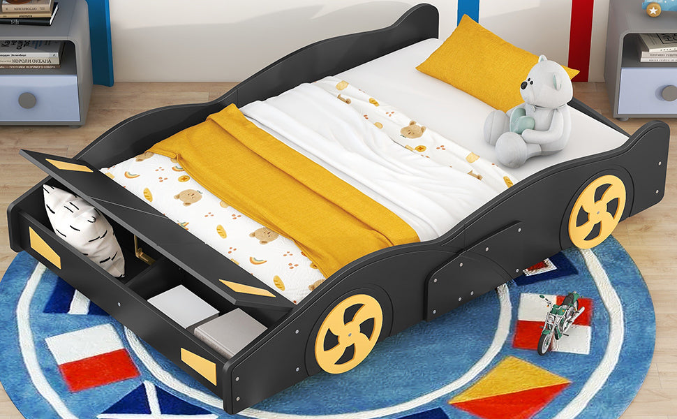 Leoglint Full Size Race Car-Shaped Platform Bed with Wheels and Storage, Black+Yellow