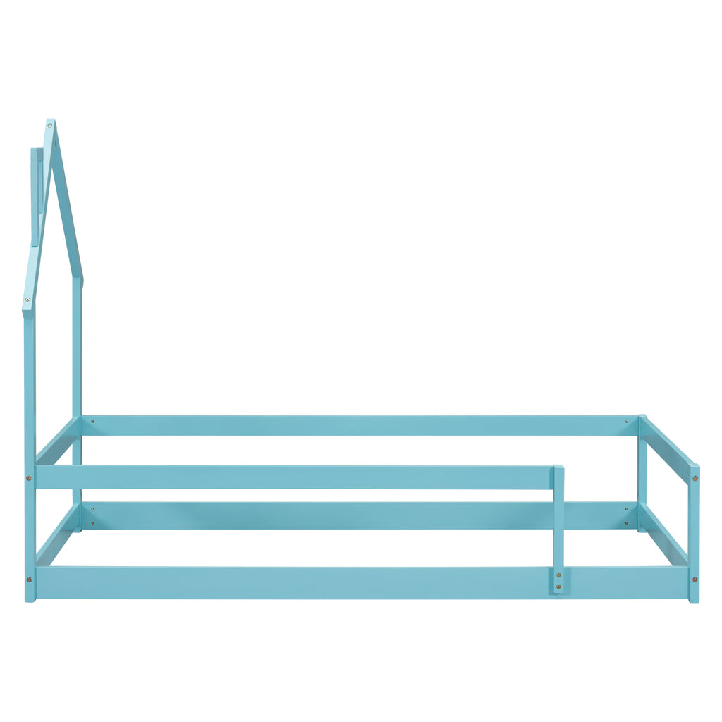 Leoglint Twin Size Wood bed Frame with House-shaped Headboard Floor bed with Fences,Light Blue