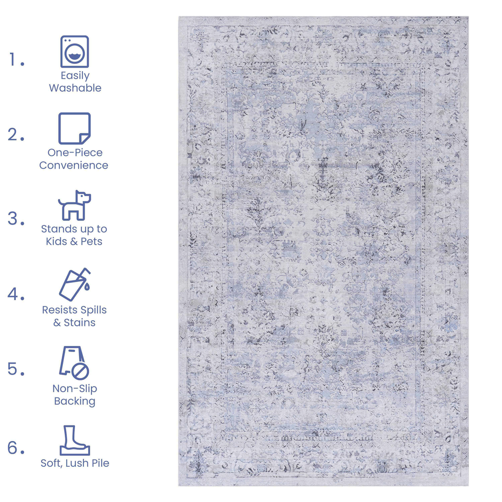 Leoglint 5x8 Area Rugs for Dining Room Rug, Washable Rug, Low-Pile, Non-Slip, Non-Shedding, Foldable, Kid & Pet Friendly - Area Rugs for living room, bedroom, kitchen, dining room, (Blue+Cream, 5' x 8')