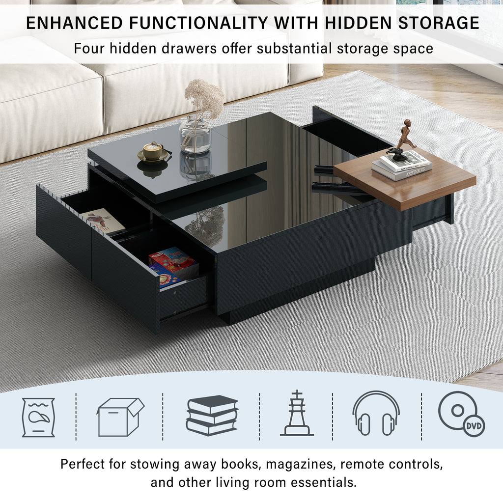 Leoglint U-Can Movable Top Coffee Table, Modern Square Wood Coffee Table with High Gloss finish, 4 Hidden Storage Drawers for Living Room