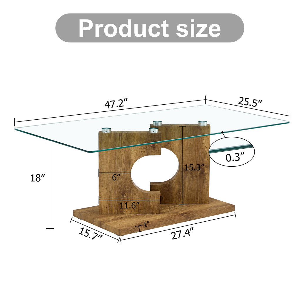 Leoglint A rectangular modern and fashionable coffee table with tempered glass tabletop and wooden color MDF legs. Suitable for living room.47.2"*25.5"*18"