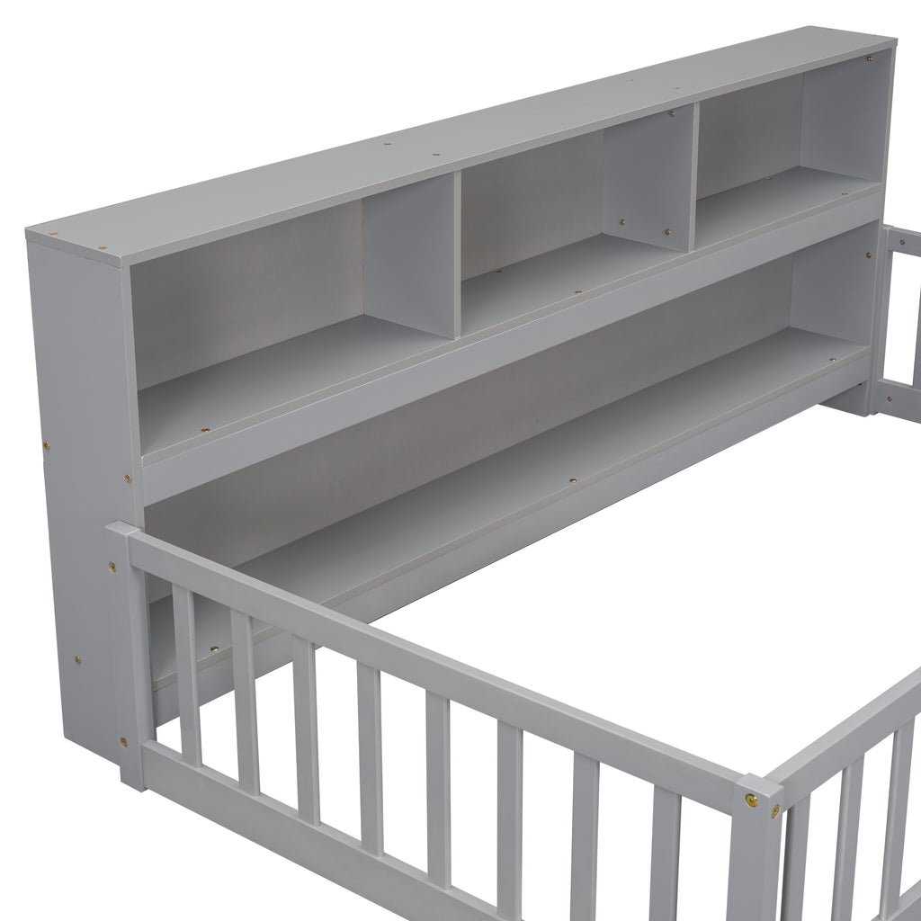 Twin Floor Bed Frame  with  Bedside Bookcase,Shelves,Guardrails,Grey