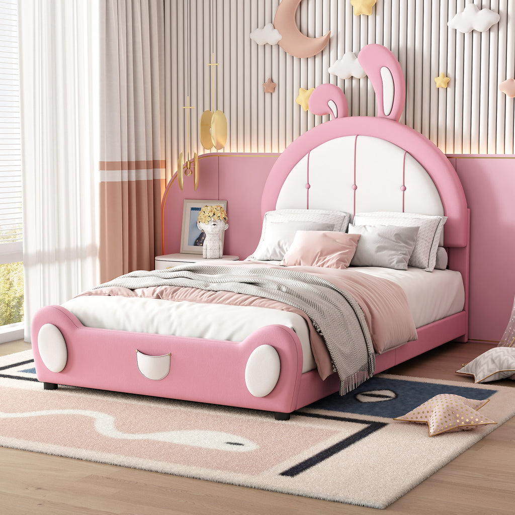 Leoglint Twin Size Upholstered Platform Bed Frame with Rabbit Shaped Headboard, Pink