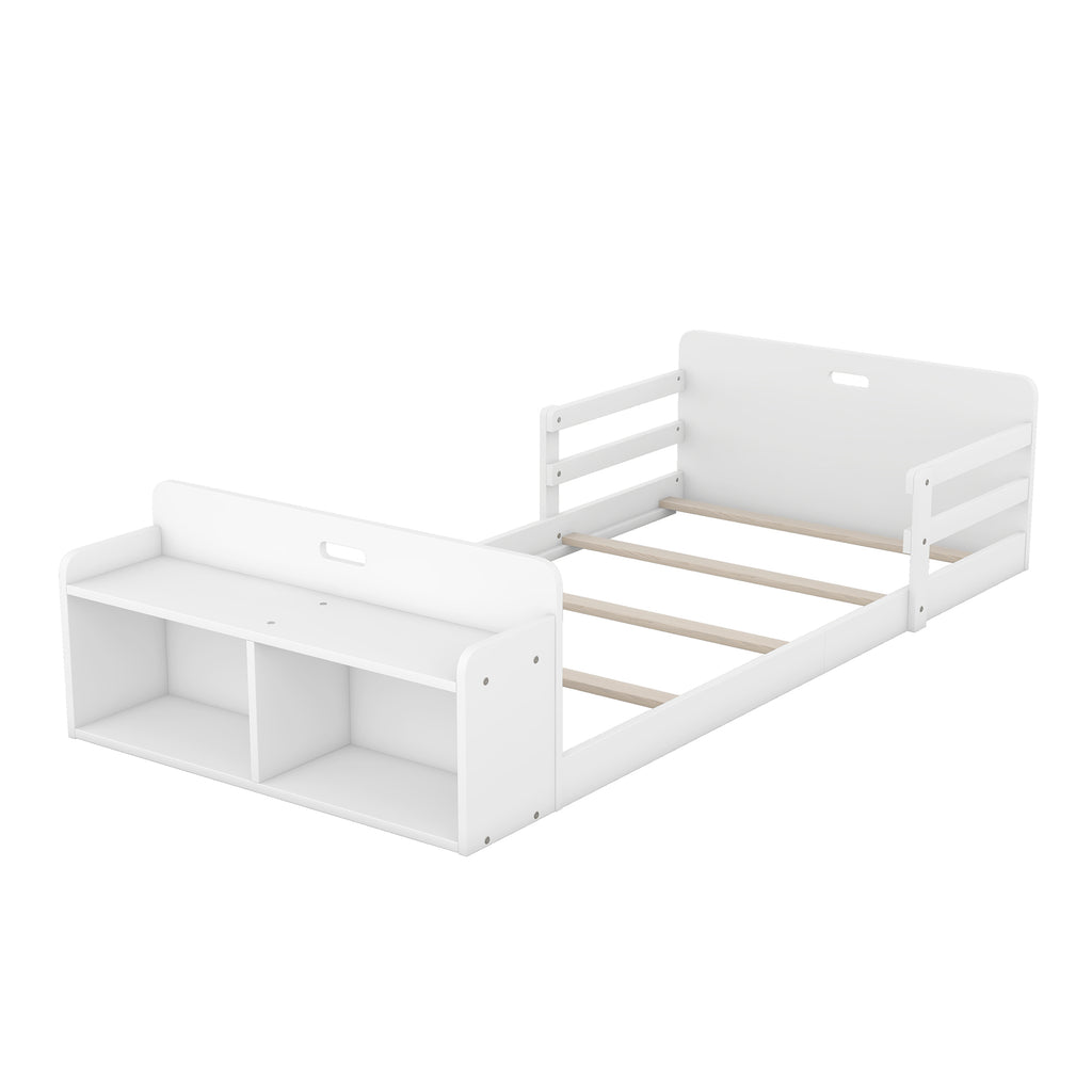 Leoglint Twin Size Floor Bed Frame with Storage Footboard and Guardrail, White