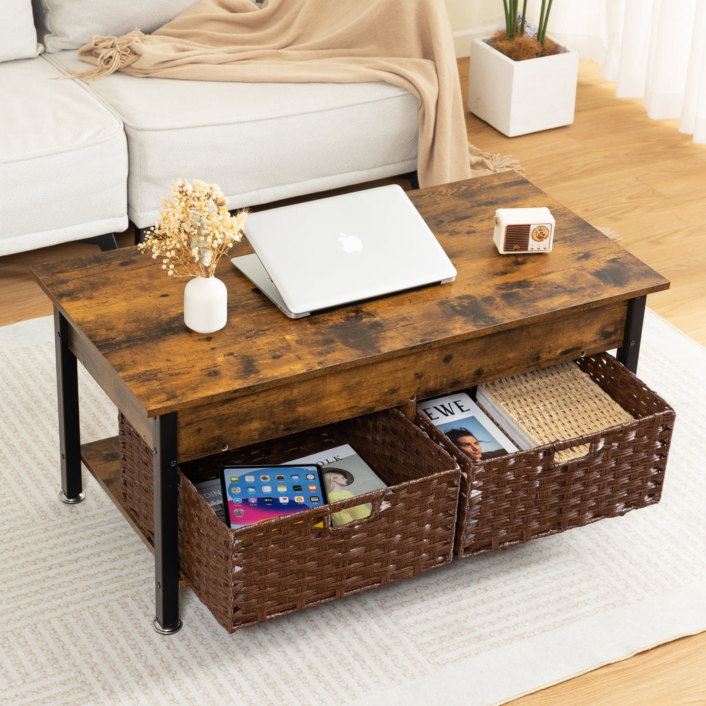 Leoglint Metal coffee table,desk,with a lifting table,and hidden storage space.There were two removable wicker baskets that could be placed in any space such as the living room,color:brown with fire wood grain