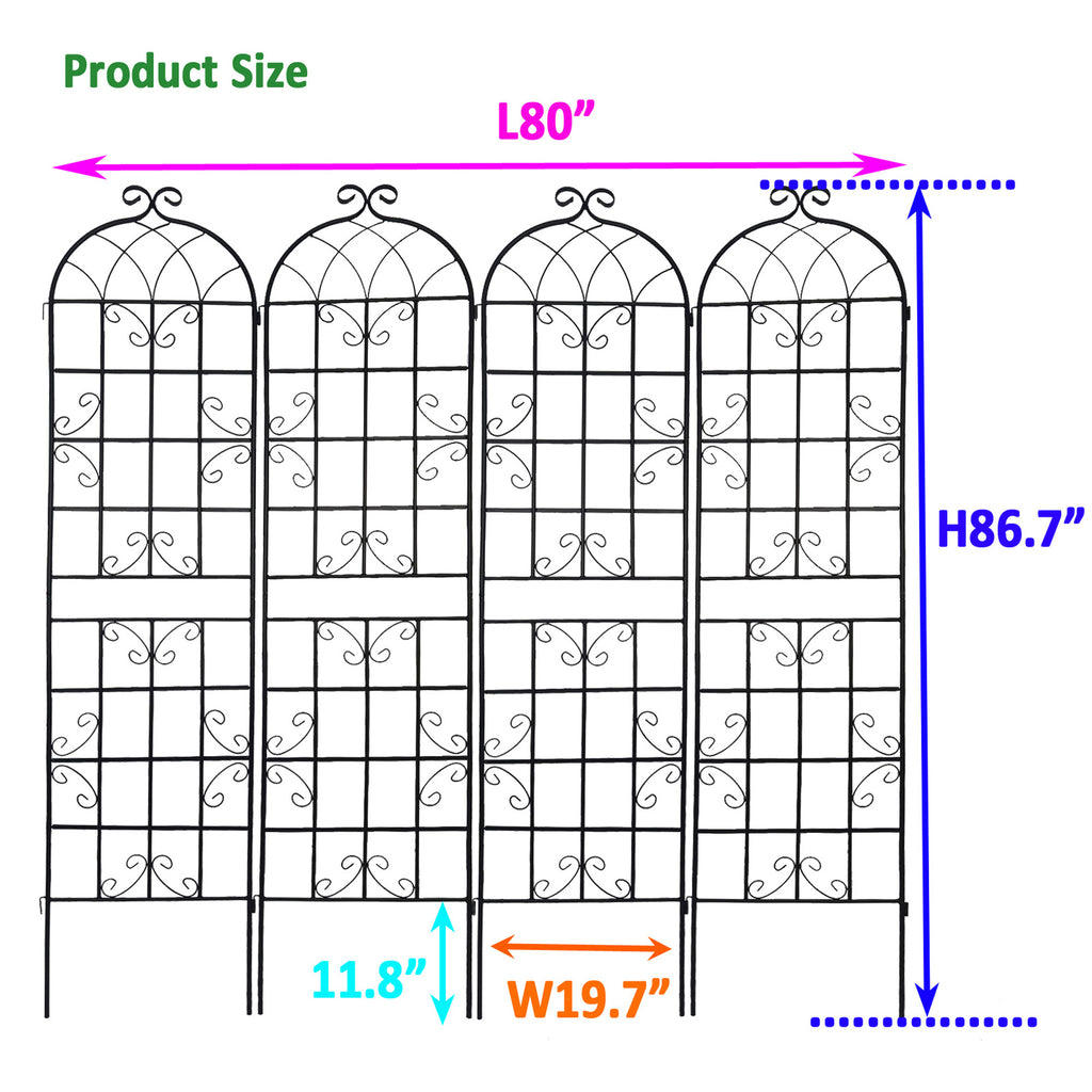 Leoglint 4 Pack Metal Garden Trellis 86.7" x 19.7" Rustproof Trellis for Climbing Plants Outdoor Flower Support Black