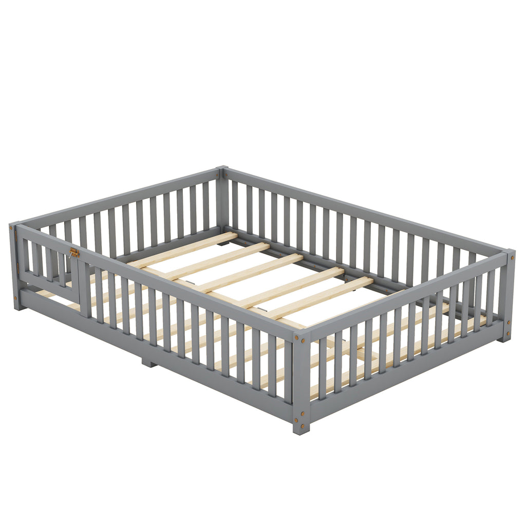 Leoglint Full Size Bed Floor Bed Frame with Safety Guardrails and Door for Kids, Gray(Old SKU: W158090691)