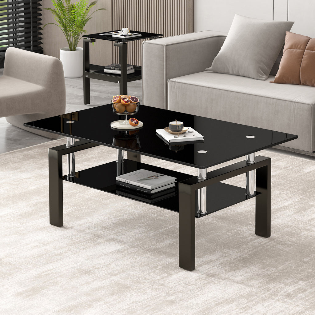 Leoglint Tempered Black Glass Coffee Table, 2-Layers Tea Table