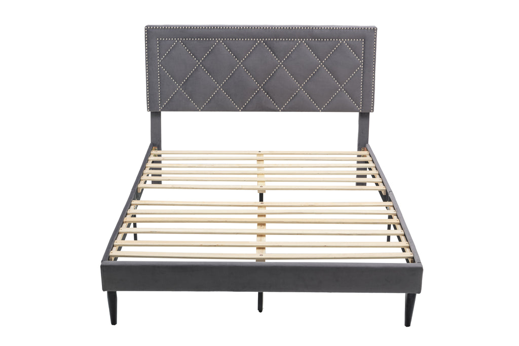 Modern Suede velvet Curved Upholstered Bed Frame, Nailhead Trim (Queen)