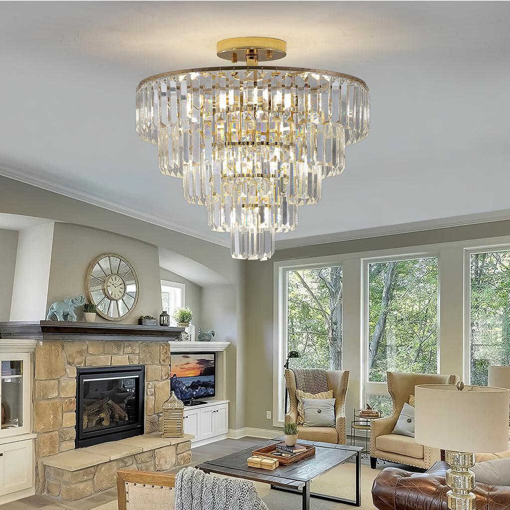 Leoglint Pendant Gold Crystal Chandeliers,5-Tier Round Semi Flush Mount Chandelier Light Fixture,Large Contemporary Luxury Ceiling Lighting for Living Room Dining Room Bedroom Hallway