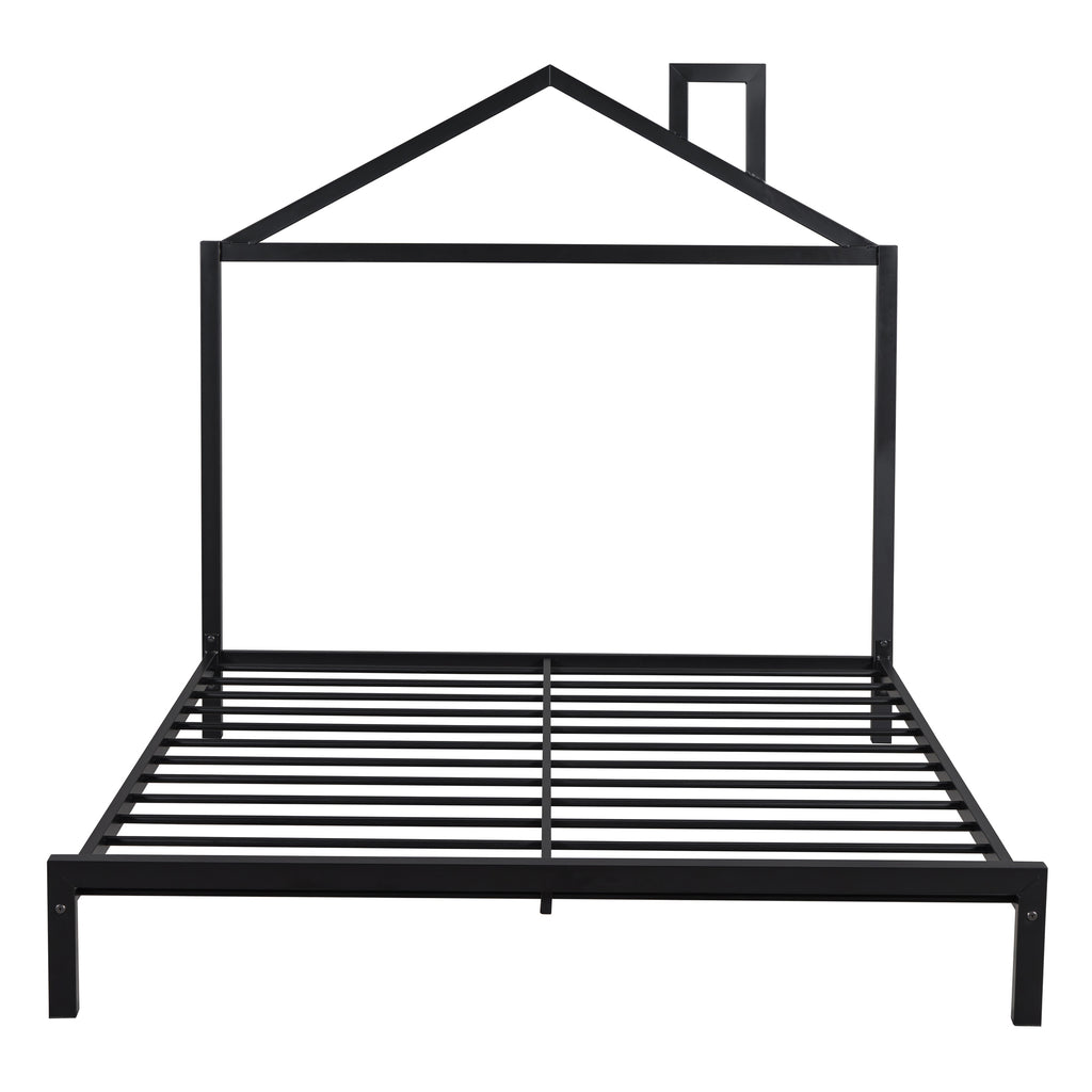 Leoglint Full Size Metal Platform Bed with House-Shaped Headboard Design, Black