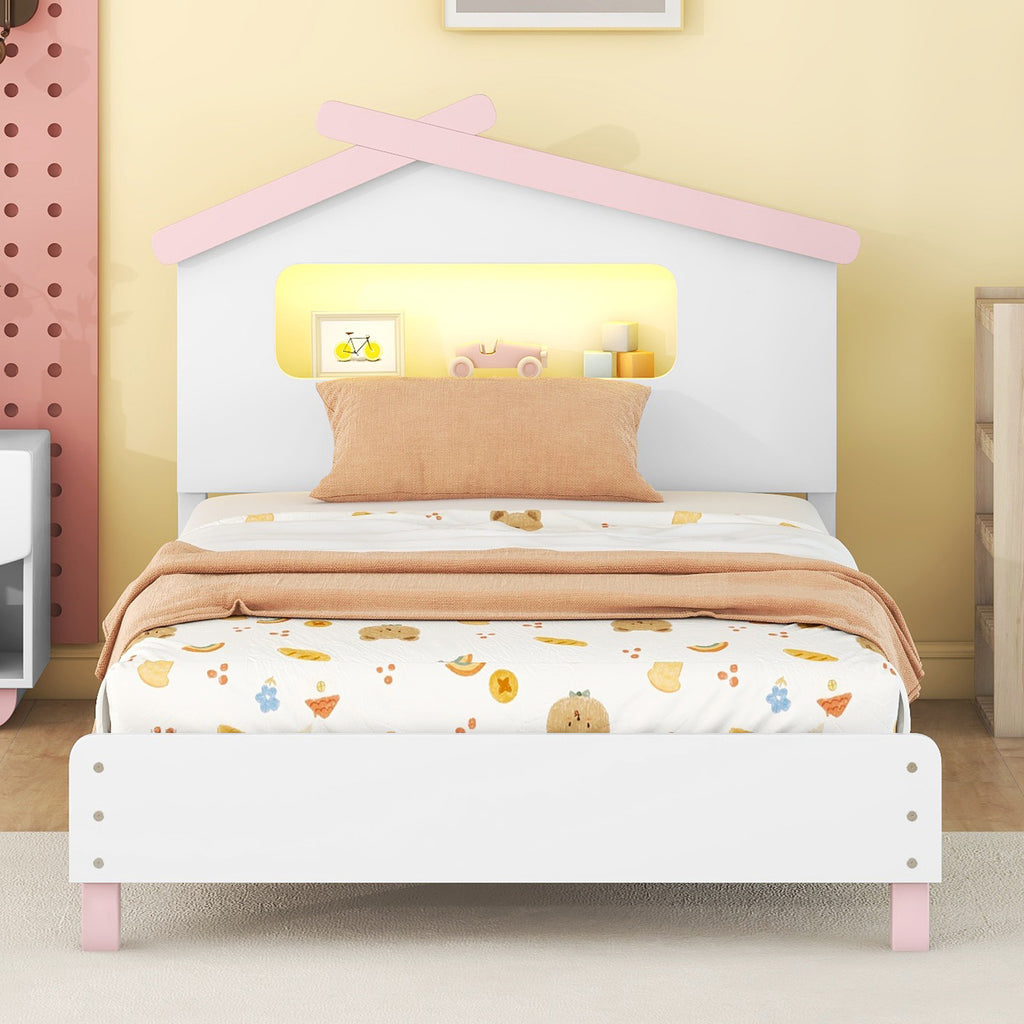 Leoglint Twin Size Wood Platform Bed Frame with House-shaped Headboard and Motion Activated Night Lights (White+Pink)