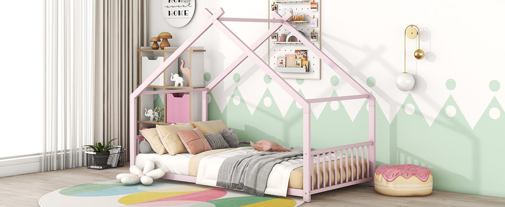 Leoglint Twin Size Metal House Bed Frame, Pink