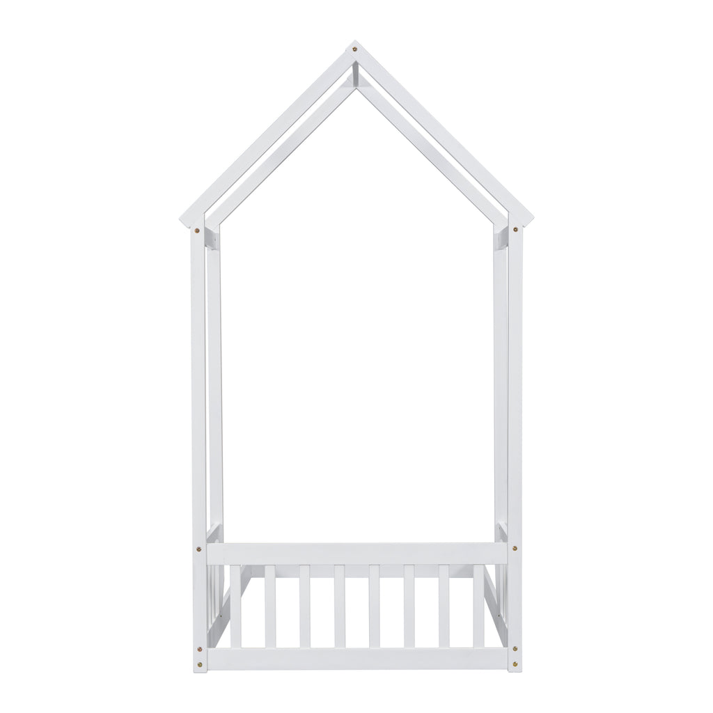 Twin House-shaped Roof Headboard Floor Bed Frame,,(without slats),White