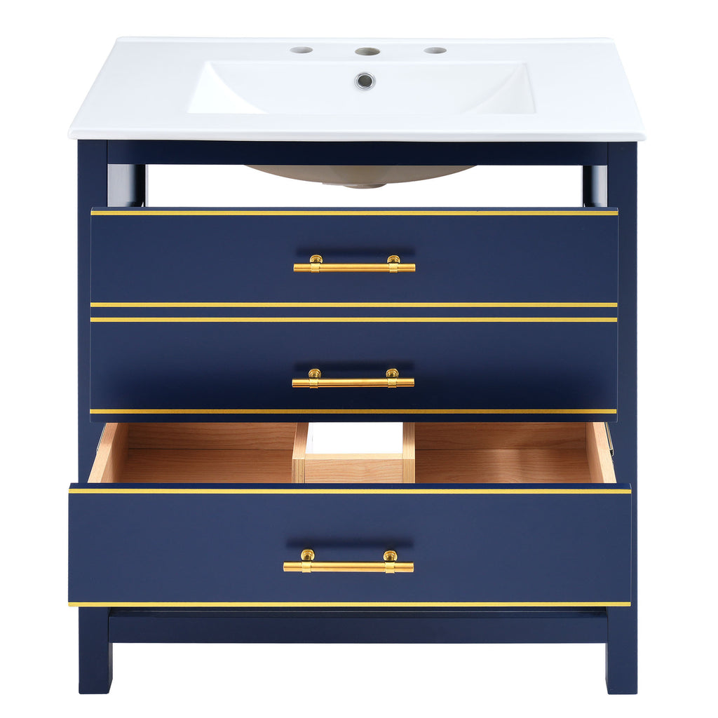 Leoglint [Viedo]Modern 30inch Navy Blue/White Bathroom Vanity Cabinet Combo with OpenStorge, Two Drawers