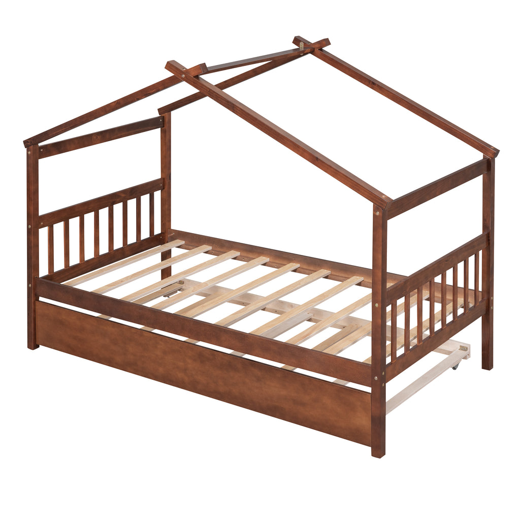 Leoglint Twin Size Wooden House Bed Frame with Twin Size Trundle, Walnut