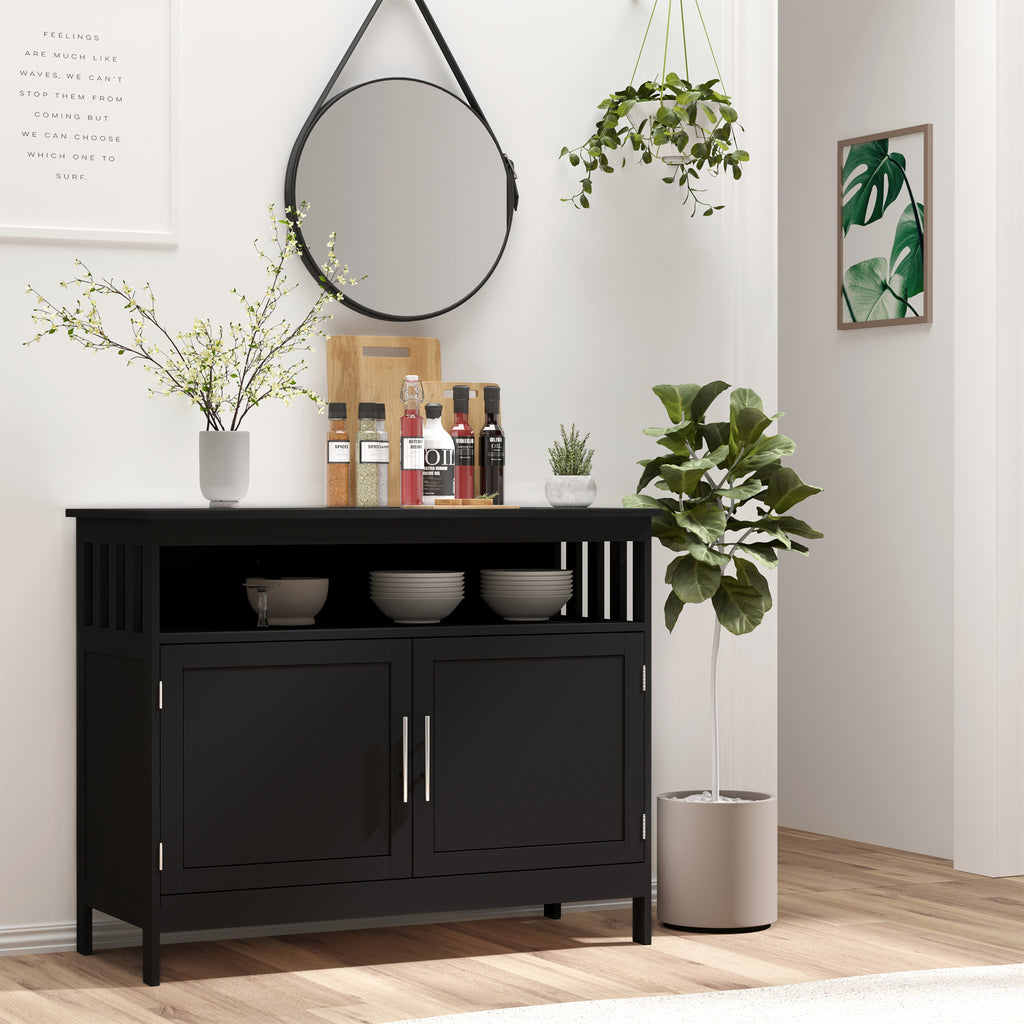 Leoglint Sideboard Buffet Cabinet, Modern Kitchen Cabinet, Coffee Bar Cabinet with 2-Level Shelf and Open Compartment, Black