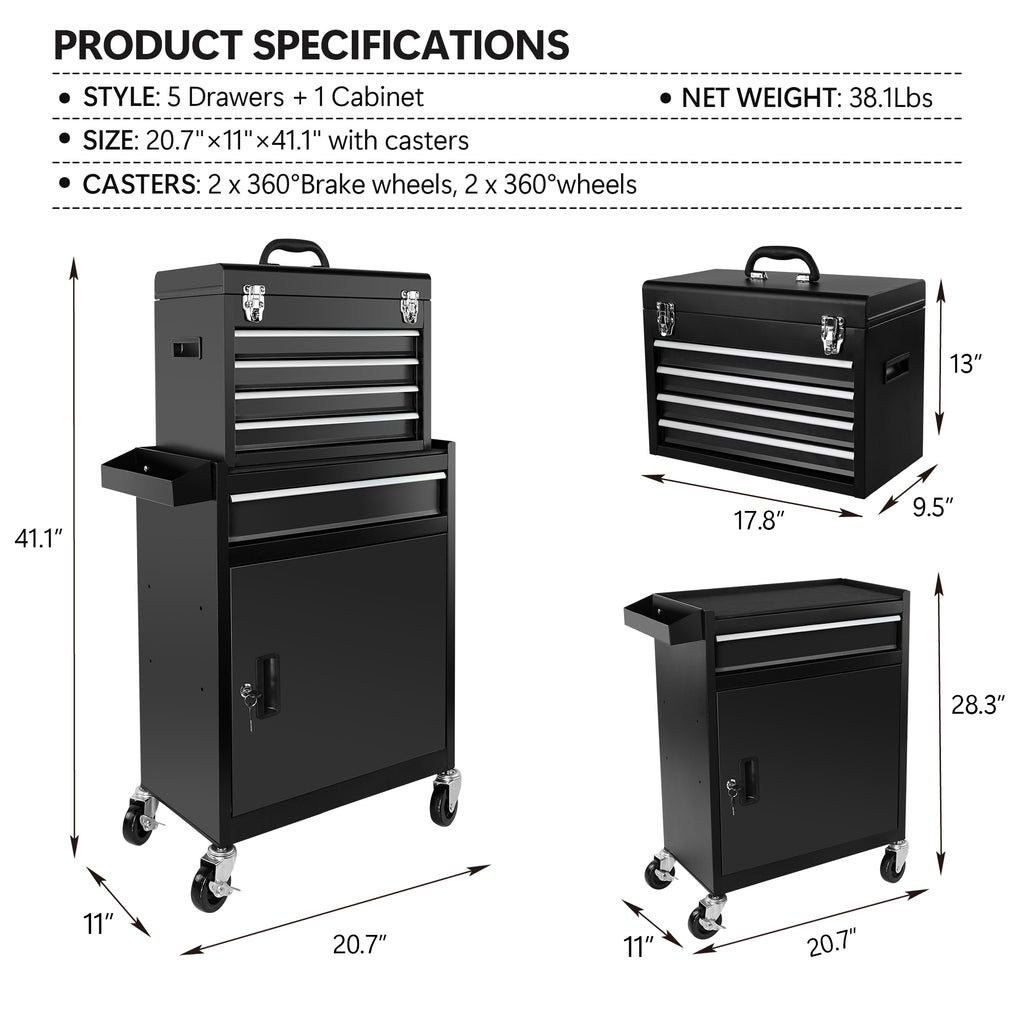 Leoglint Rolling Garage Workshop Organizer Detachable 5 Drawer Tool Chest with Large Storage Cabinet, Detachable Tool Box Organizer Black