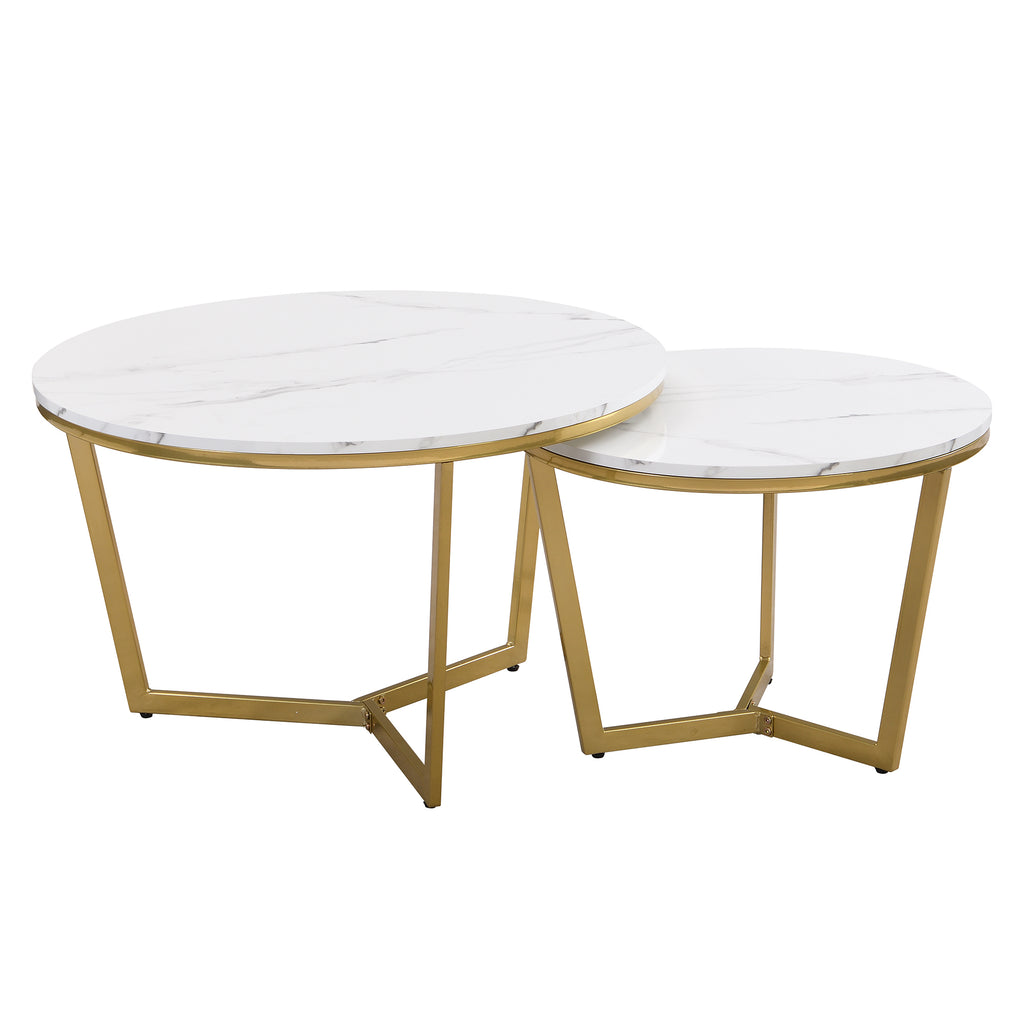 Leoglint Modern Round Nesting Coffee Table Set 2-Piece White & Marbling Top Gold Base