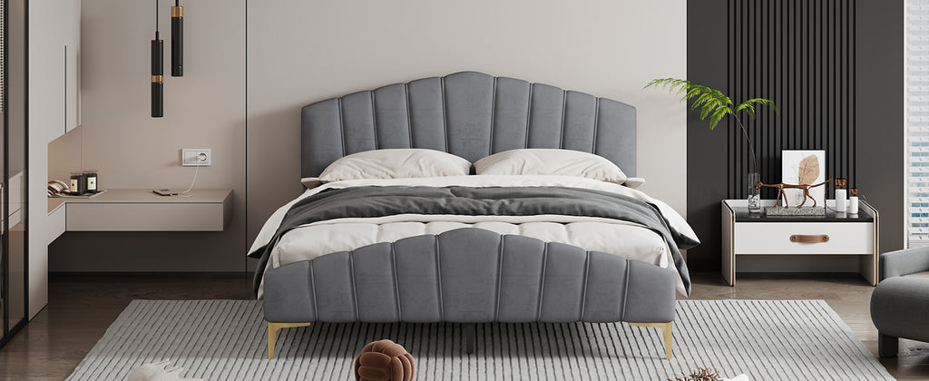 Queen Size Velvet Platform Bed Frame with Thick Fabric, Stylish Stripe Decorated Bedboard and Elegant Metal Bed Leg, Gray