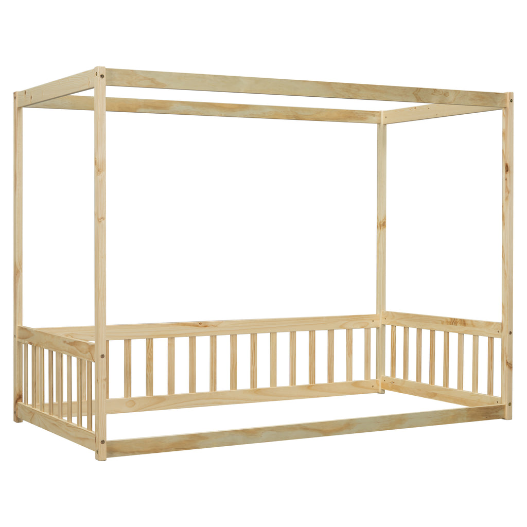 Leoglint Twin Size Canopy Frame Floor Bed Frame with Fence, Guardrails,Natural