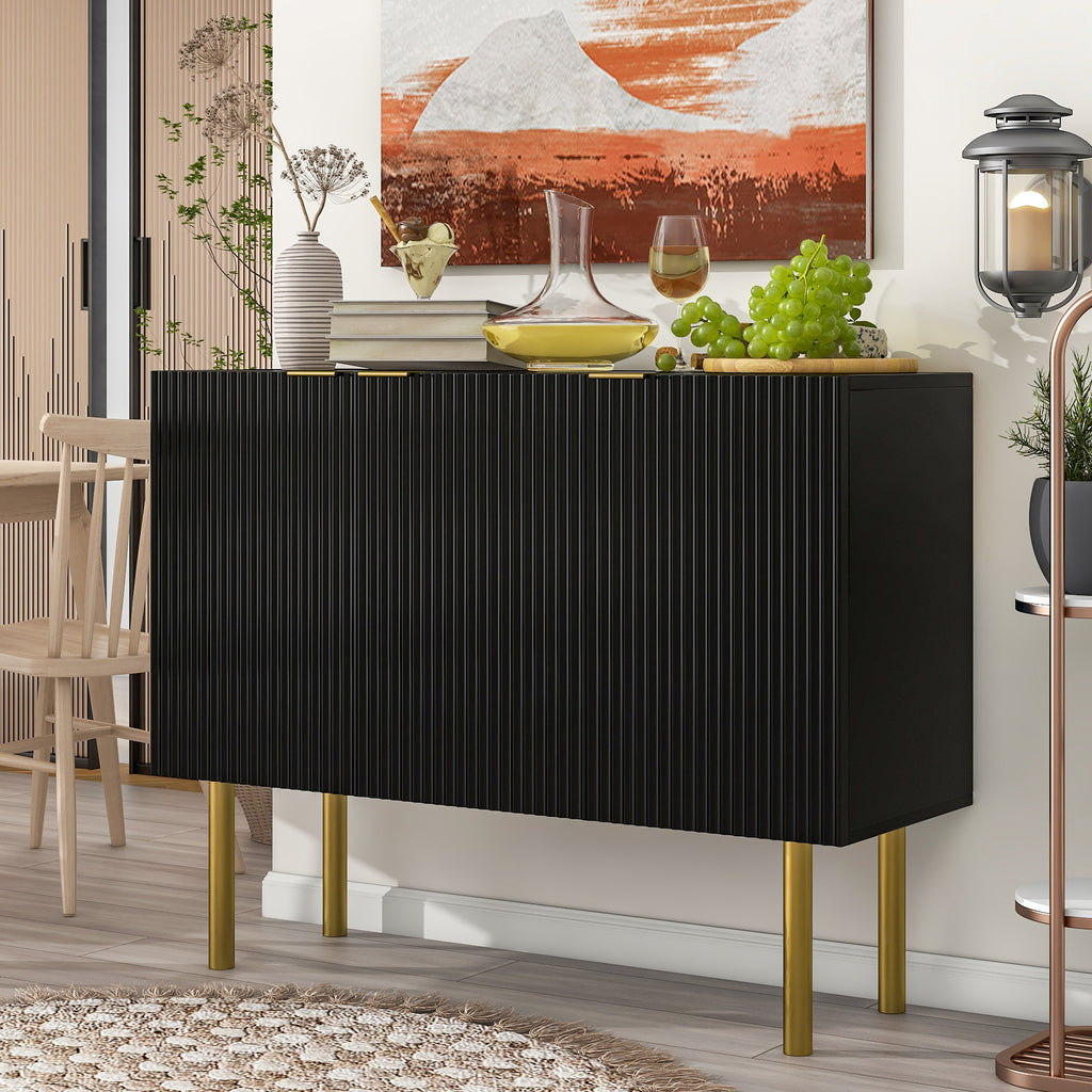 Leoglint TREXM Modern Simple & Luxury Style Sideboard Particle Board & MDF Board Cabinet with Gold Metal Legs & Handles, Adjustable Shelves for Living Room, Dining Room (Black)