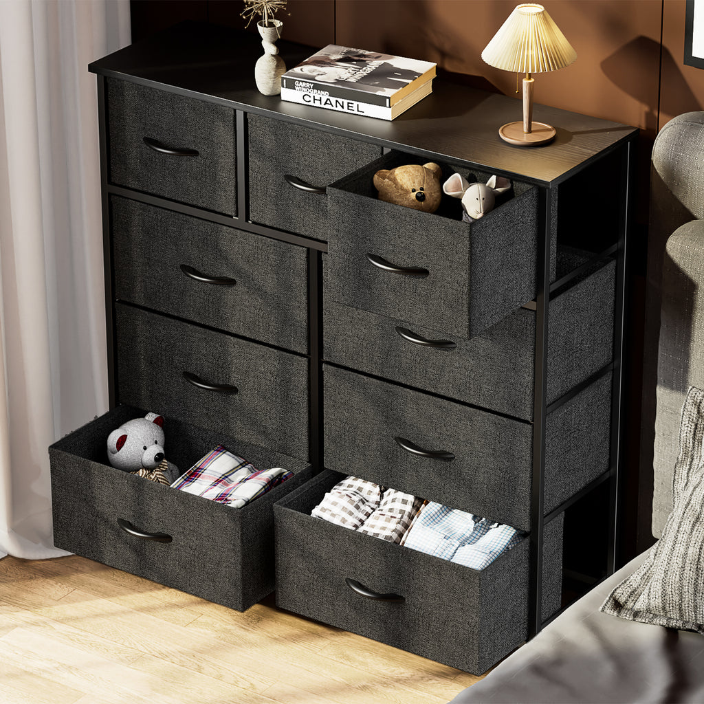 Leoglint Sweetcrispy 9 Tall Fabric Clothes Cabinet Storage Organizers and Wood Top Surface Table Chest of Drawers,Drawer Chest, Living Room, Hallway, Porch, Kids Bedroom Dresser, Black