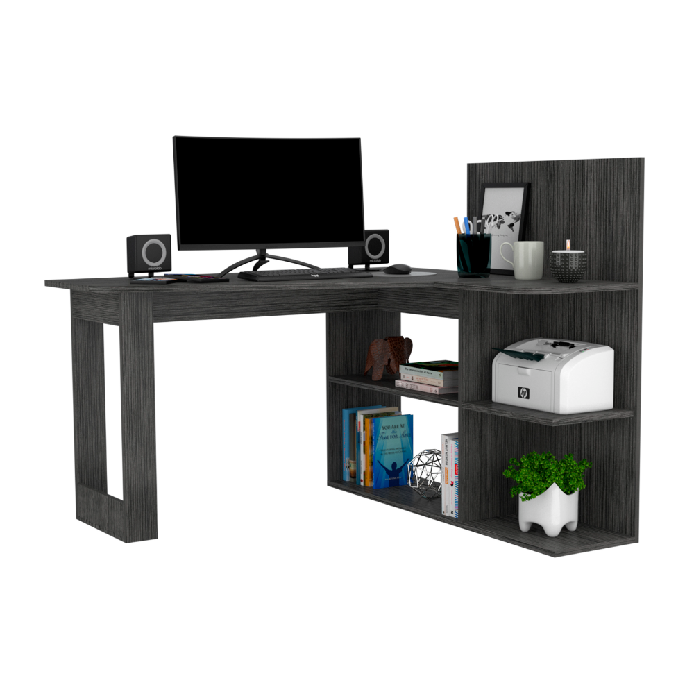 Leoglint Masai Writing Computer Office Desk, Five Open Shelves -Smokey Oak