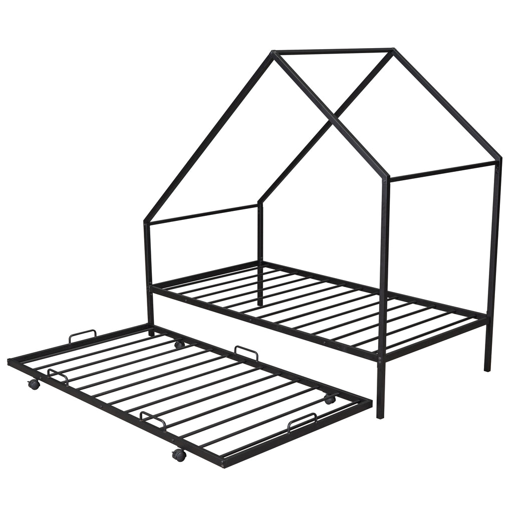 Metal House Bed Frame With Trundle, Twin Size House  Bed Black