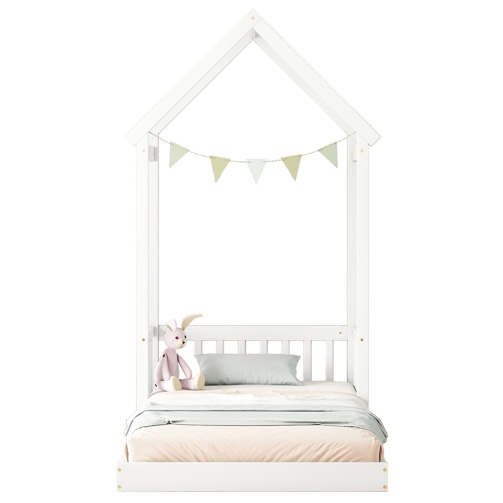 Twin House-shaped Roof Headboard Floor Bed Frame,,(without slats),White