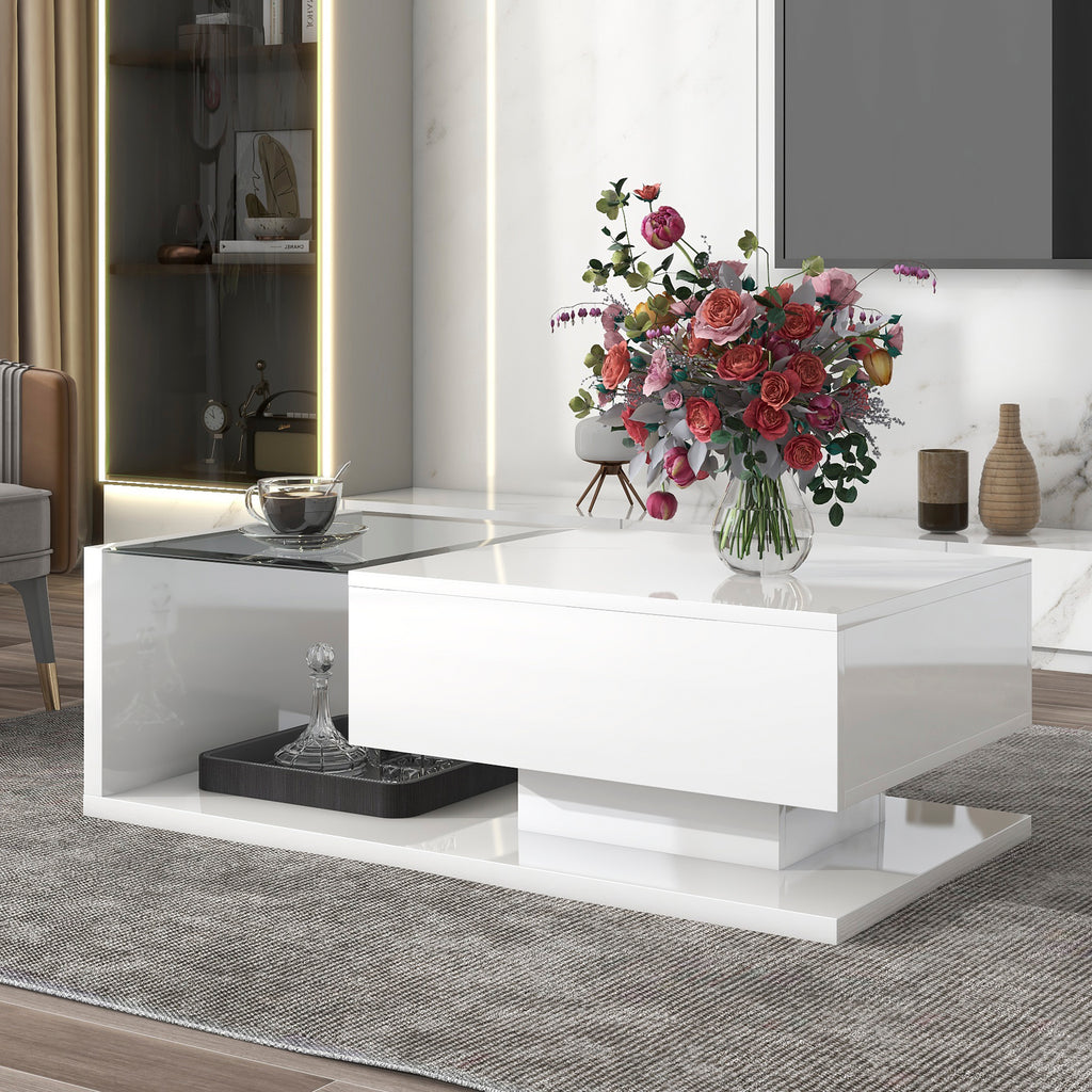 Leoglint [VIDEO provided] ON-TREND Modern Coffee Table with Tempered Glass, Wooden Cocktail Table with High-gloss UV Surface, Modernist 2-Tier Rectangle Center Table for Living Room, White