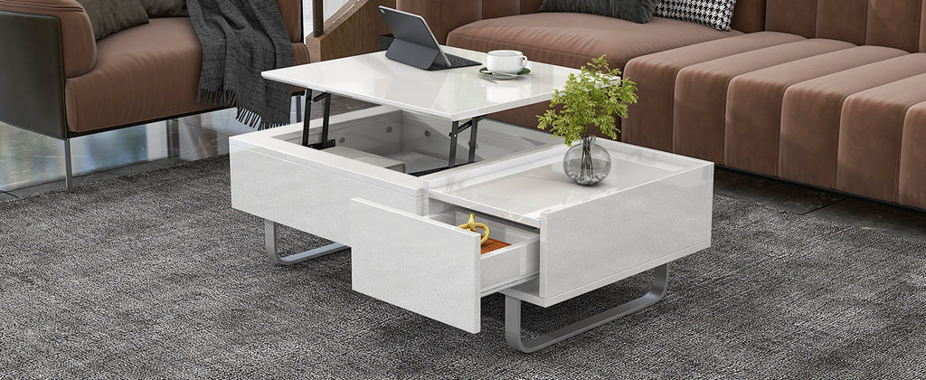 Leoglint [VIDEO provided] ON-TREND Multi-functional Coffee Table with Lifted Tabletop, Contemporary Cocktail Table with Metal Frame Legs, High-gloss Surface Dining Table for Living Room, White