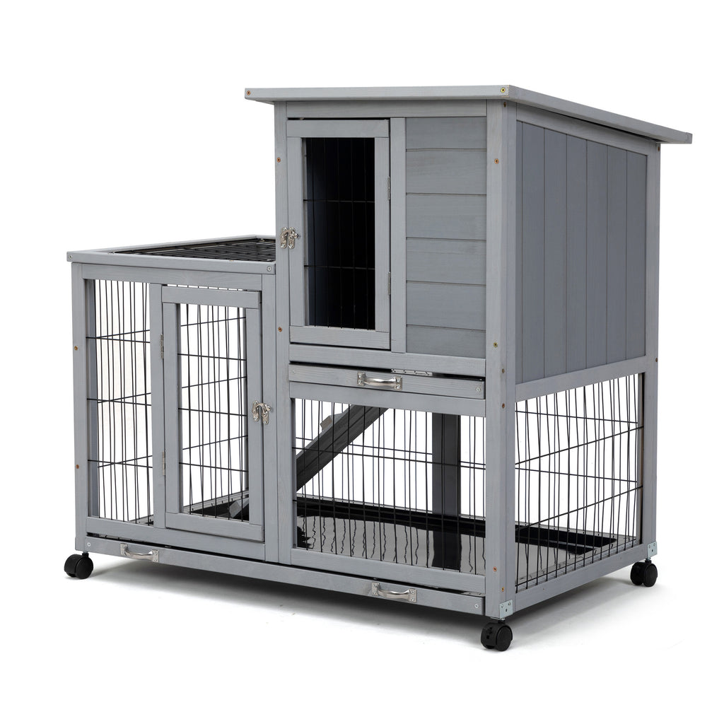 Leoglint Detachable Rabbit Hutch with Removable Tray and Rolling Casters, Gray+White