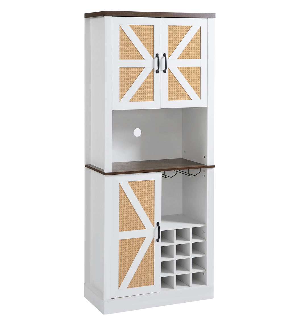 Leoglint Sideboard 76 Inch Tall Farmhouse Kitchen Faux Rattan Wine Cabinet, Kitchen Bar Cabinet with Square Compartments and Shelves, Large Wooden Faux Rattan Storage Cabinet with Barn Doors and Microwave Shelves